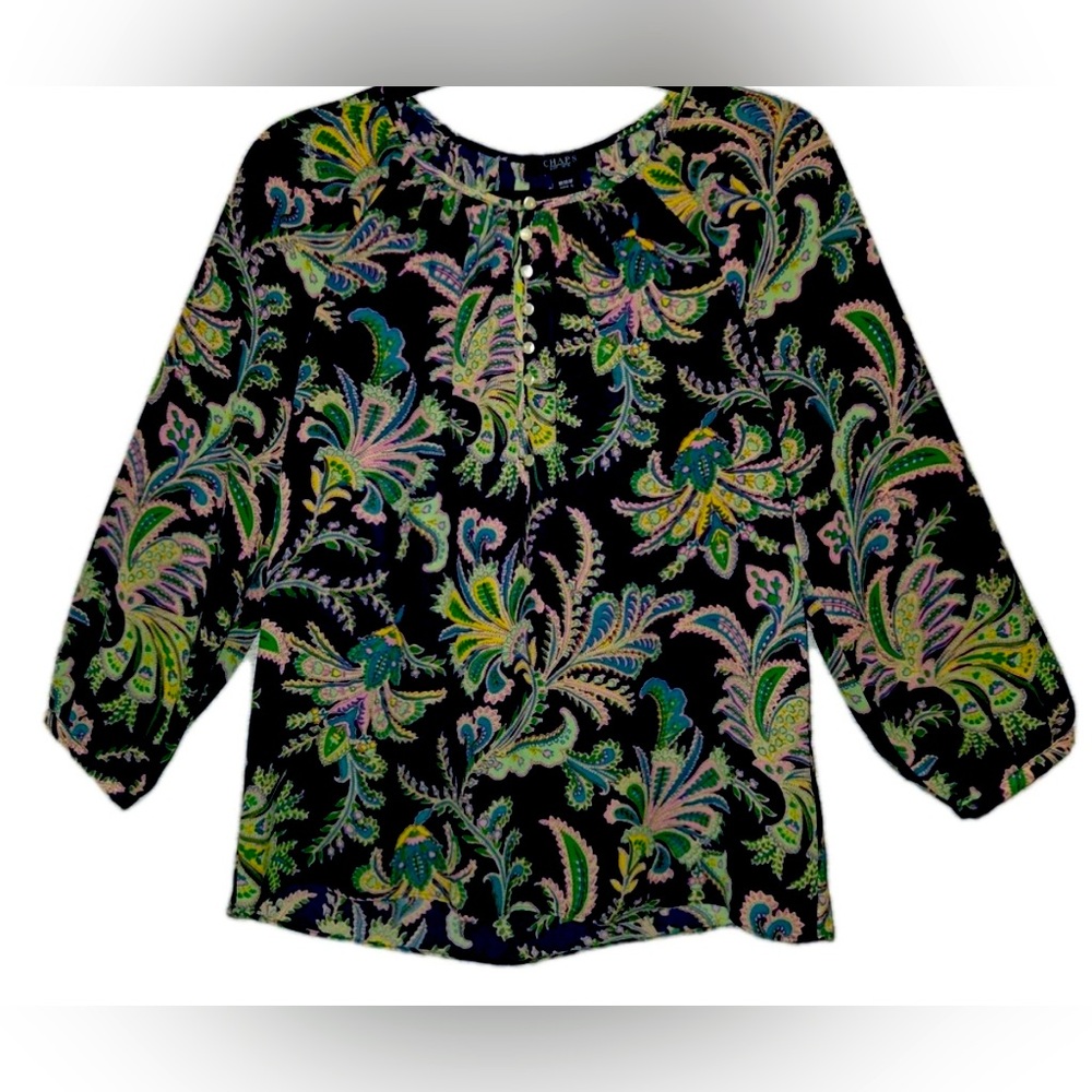 Chaps Navy Blouse with Colorful Floral Design